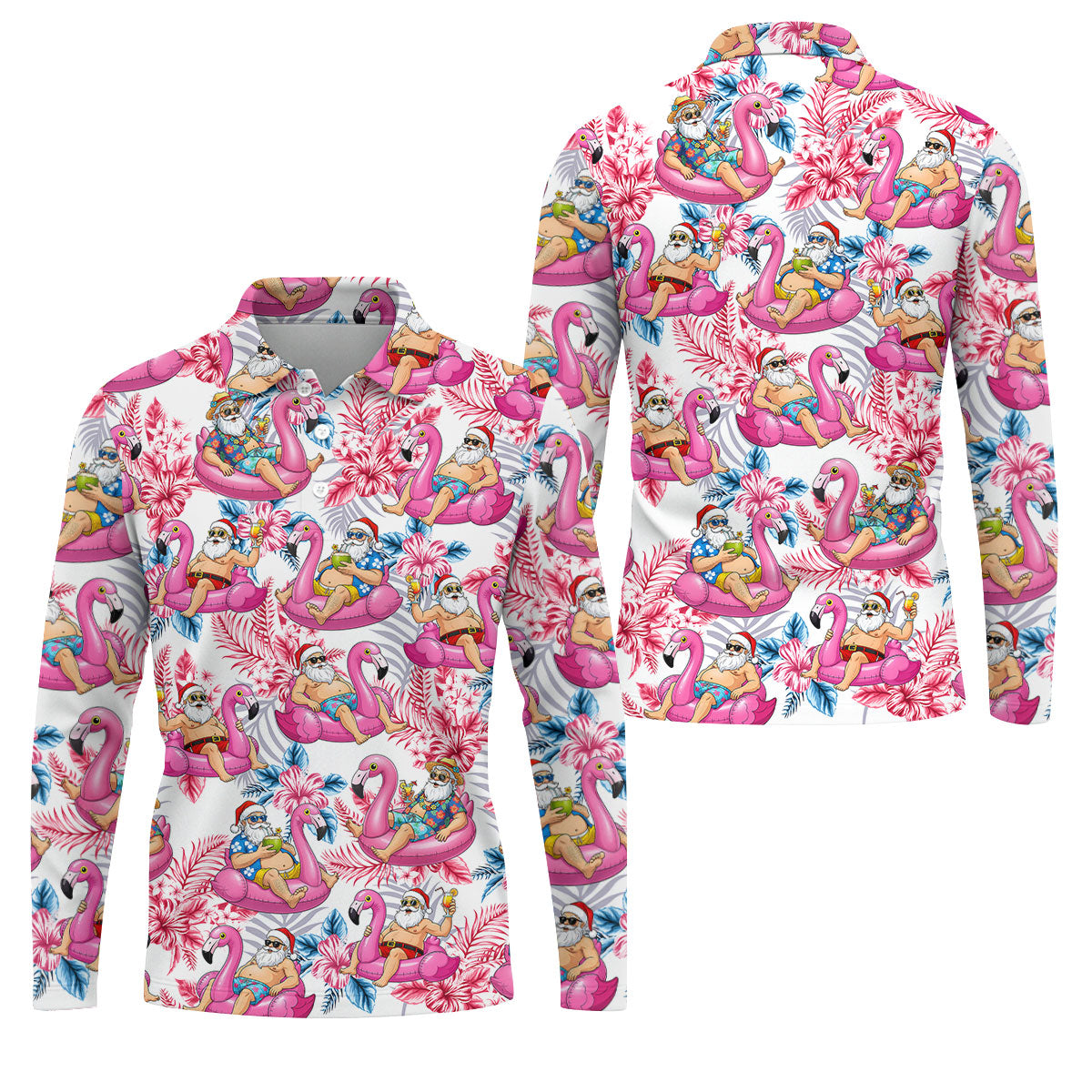 Santa Flamingo Float Tropical Christmas Golf Shirt, Christmas Hawaiian Shirt, Christmas Golf Shirt