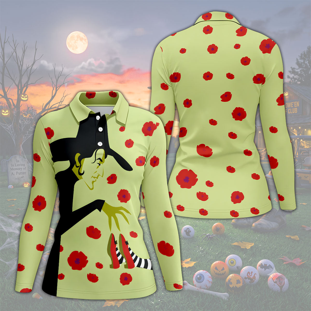 Green Horror Character Golf Polo Shirt, Halloween Golf Shirt, Womens Halloween Shirt