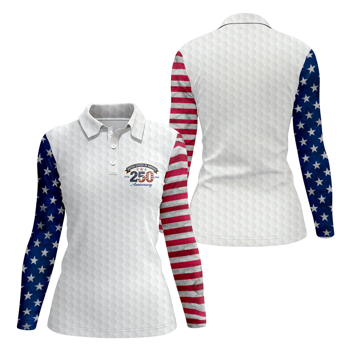 250th Anniversary Golf Ball Pattern White Golf Shirt, Patriotic 4th Of July Golf Shirt, Golf Shirt For Women