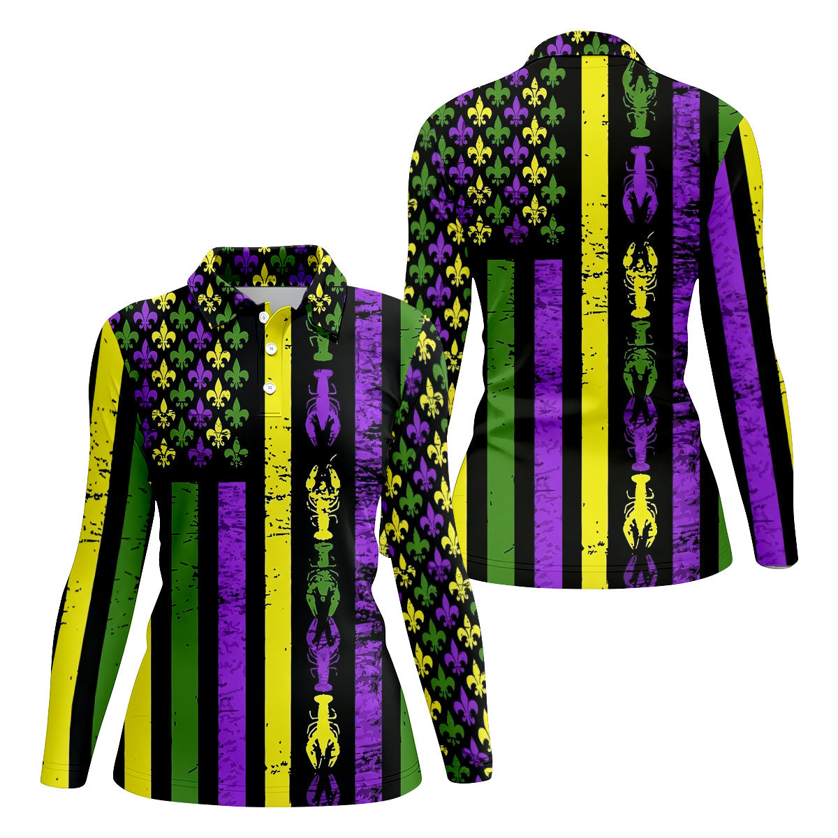 Mardi Gras Flag Fleur-De-Lis Symbol Crawfish Pattern Women's Golf Tops, Women's Golf Shirts, Ladies Golf Polos