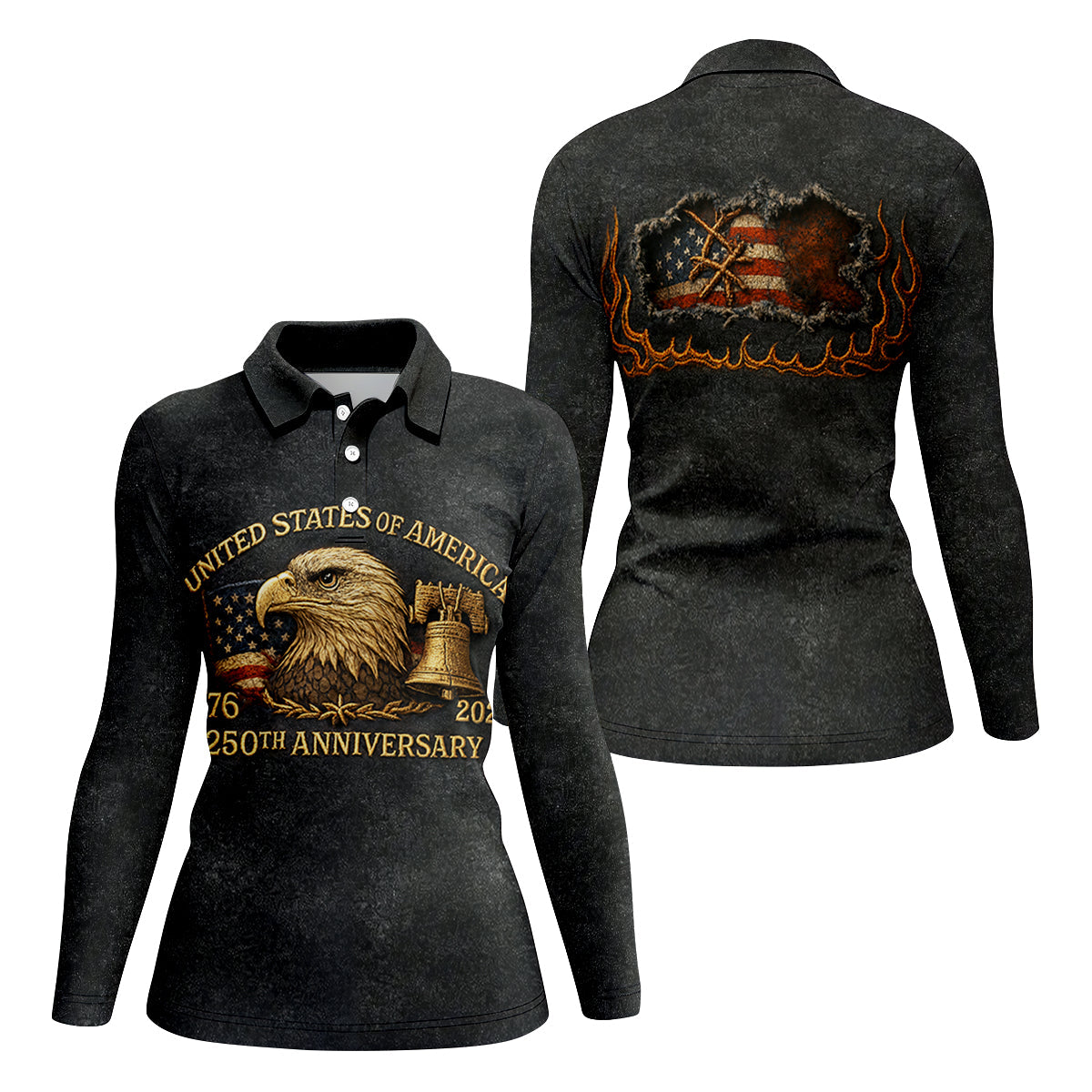 Bald Eagle American Flag 250th Anniversary Dark Grey Color Women's Golf Tops, Ladies Golf Shirts