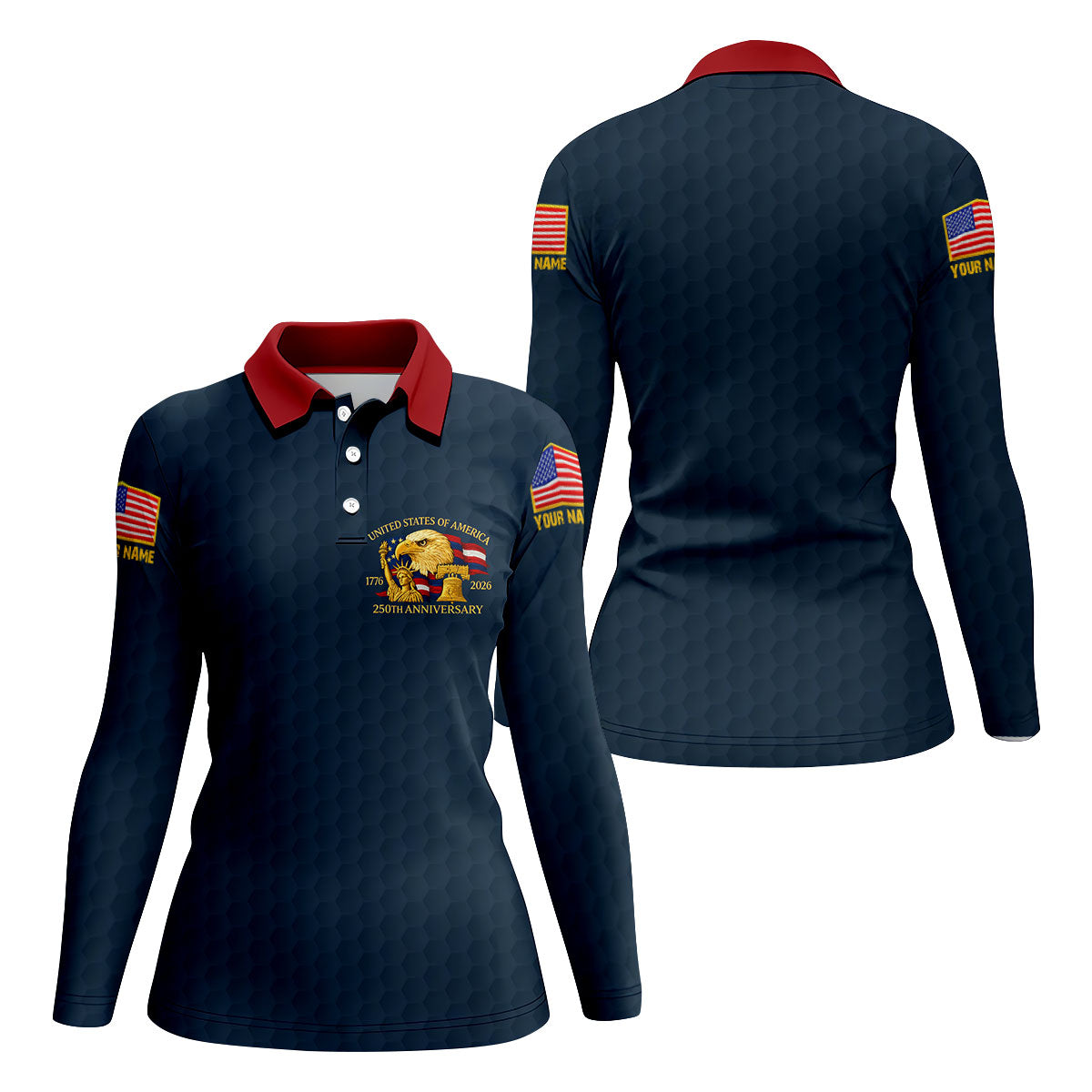 United States 250th Anniversary Patriotic Eagle Navy Custom Golf Shirts, 4th Of July Golf Shirt For Women
