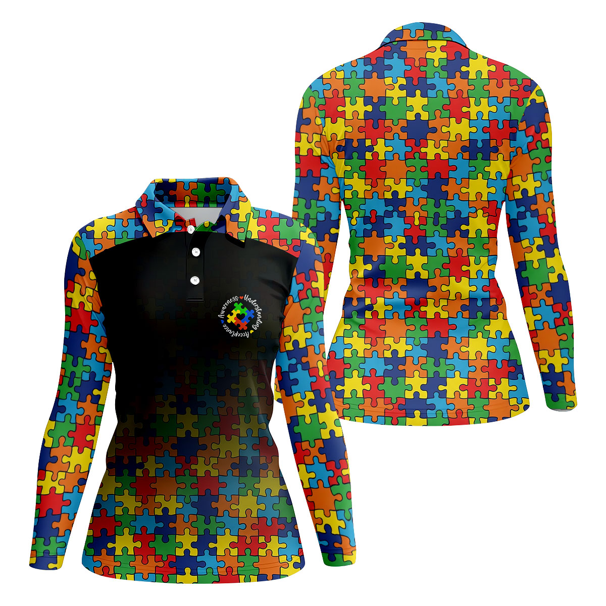 Acceptance Awareness Understanding Autism Awareness Puzzle Pattern Black Fade Women's Golf Tops