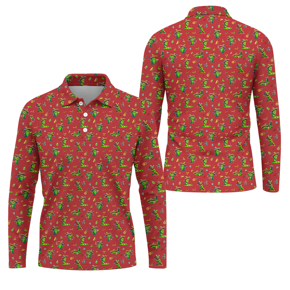 Cartoon Mustach Funny Cactus Cinco De Mayo Celebration Fiesta Themed Red Golf Shirts For Men