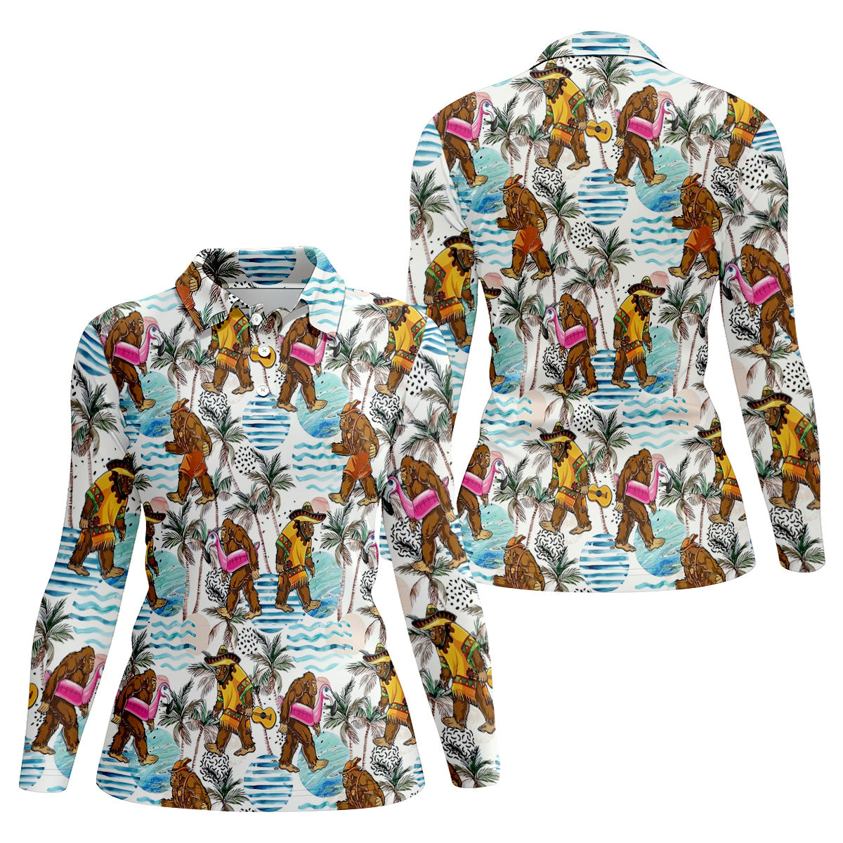 Bigfoot With Flamingo Float And Guitar Tropical Pattern Hawaiian Golf Polo, Golf Tops For Women, Golfing Apparel