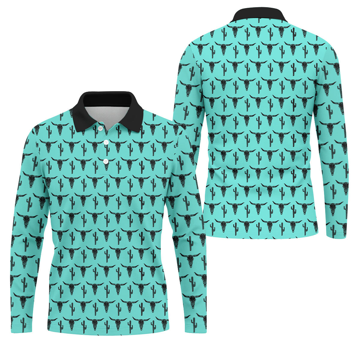 Longhorn Cow Skull Western Theme Peacock Blue Golf Tops For Men, Polo ShirtFor Men, Golf Shirts For Men