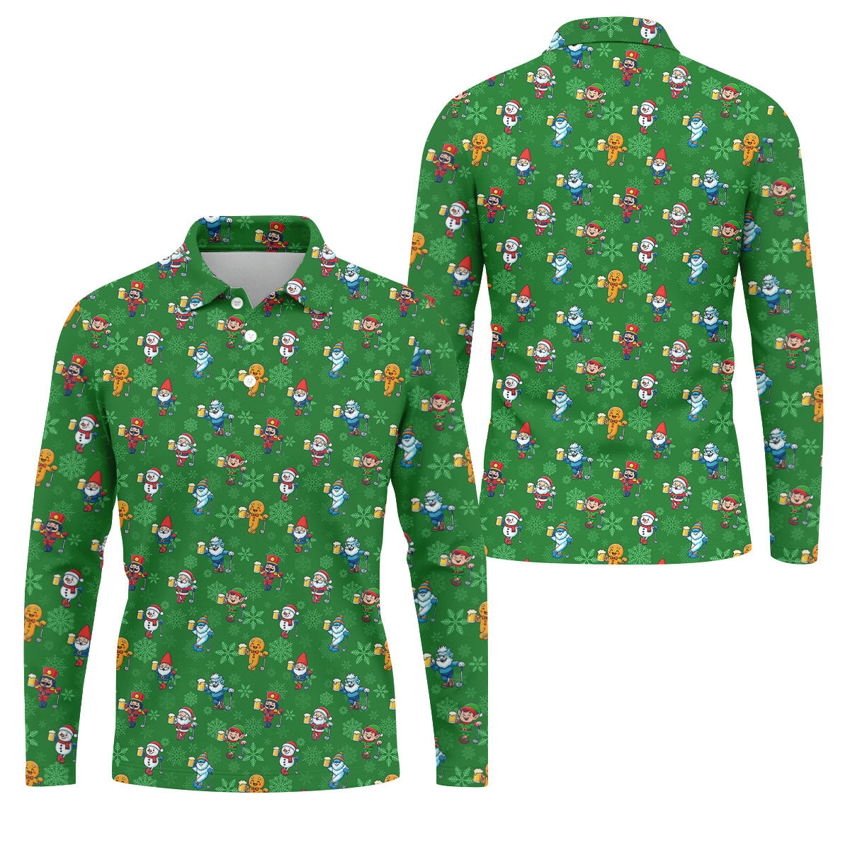 Christmas Characters Golf And Beer Green Men's Funny Golf Shirts, Christmas Golf Shirt, Polo Shirts For Men
