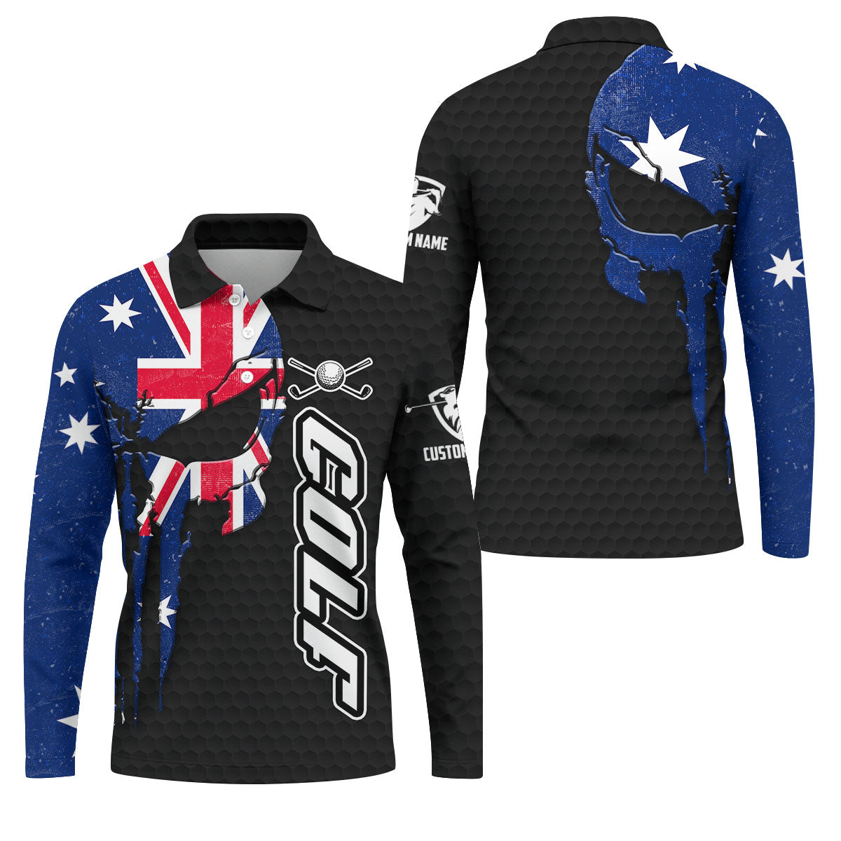 Cool Skull Golf Ball Pattern Australia Flag Print Black Golf Shirt, Polo Shirts For Men