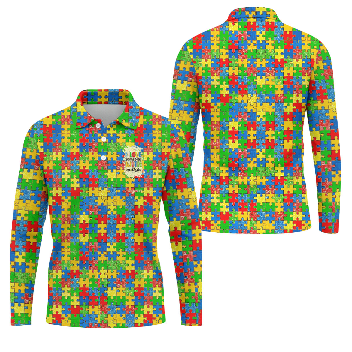 I Love Someone With Autism Colorful Puzzle Pattern Men's Golf Shirt, Autism Awareness Polo ShirtFor Men