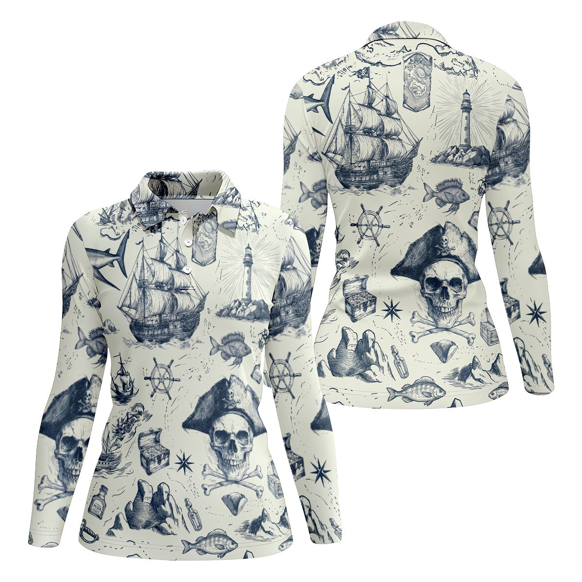 Ivory Vintage Pirate Map Pattern Golf Shirt, Women's Golf Shirt, Hawaiian Golf Shirt, Golf Polo For Women