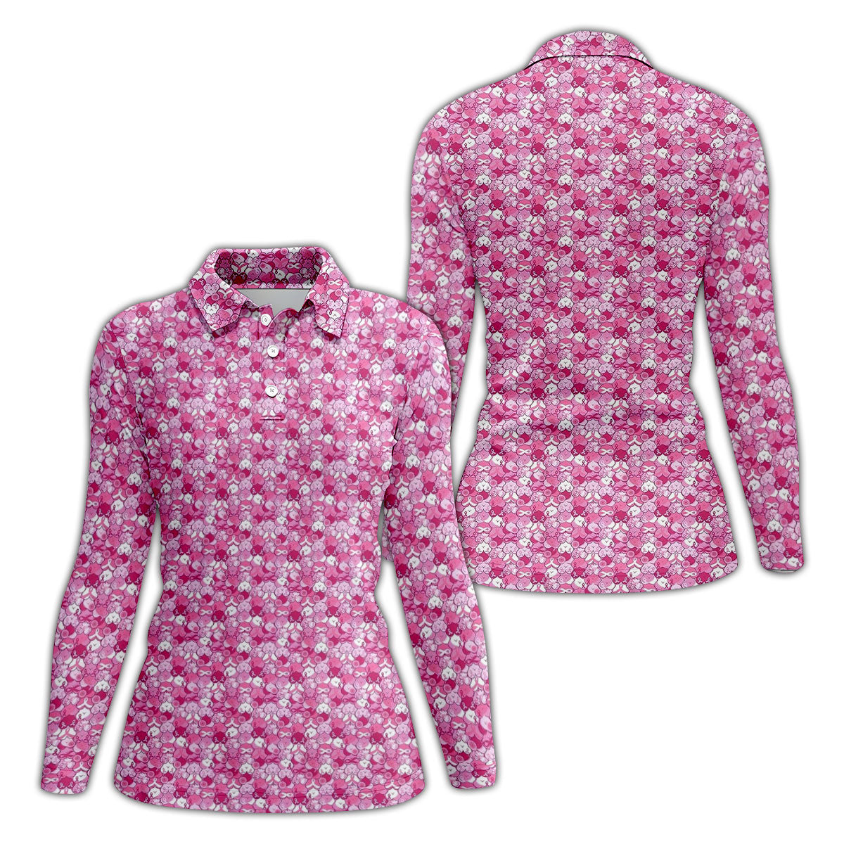 Pink Breast Cancer Hearts And Ribbons Polo Shirt, Golf Tops For Women, Women’s Golf Polo