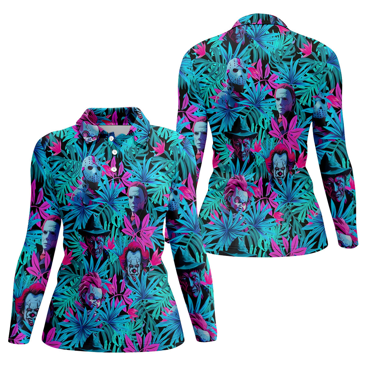 Neon Halloween Horror Character Hawaiian Golf Shirt, Women's Golf Polo, Printed Golf Shirt