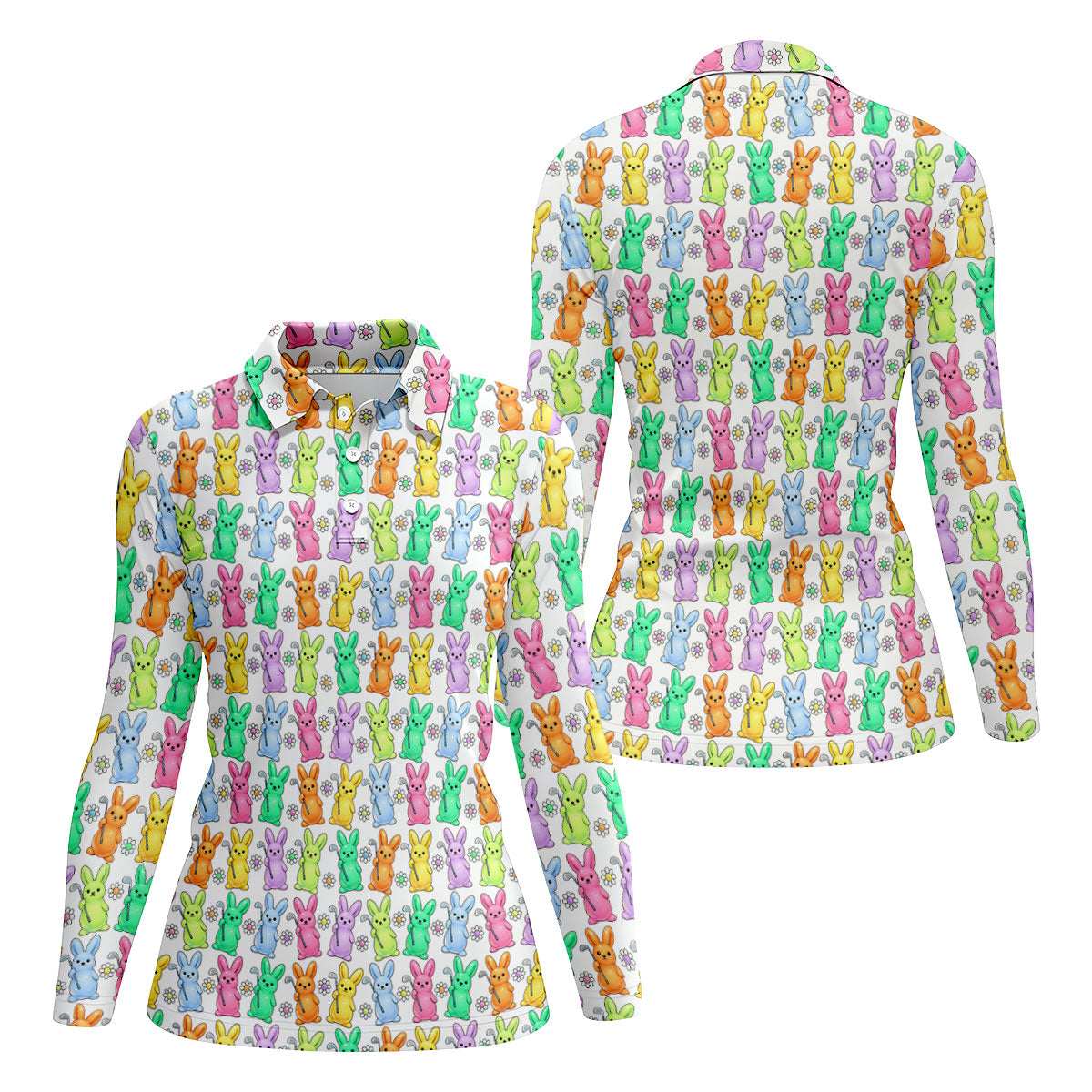 Colorful Easter Bunny White Golf Shirt, Cute Golf Outfit, Women's Golf Tops, Ladies Golf Shirts