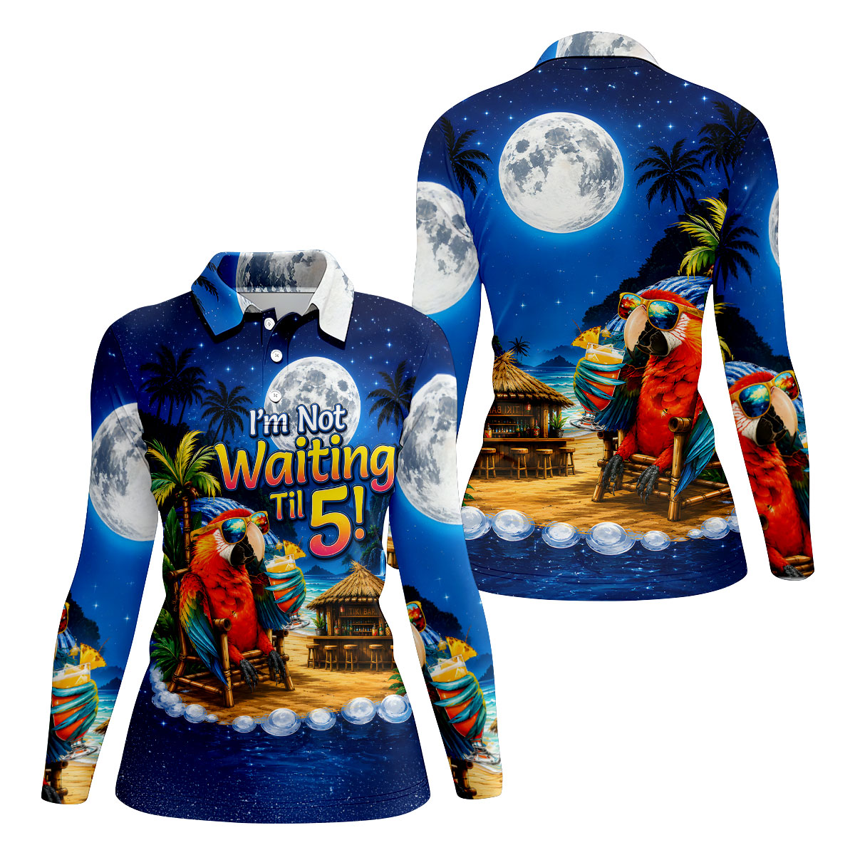 Parrot Drinking Cocktail Tiki Bar Not Waiting Til 5 Golf Shirt, Women’s Golf Polo, Golf Tops For Women, Printed Golf Shirt