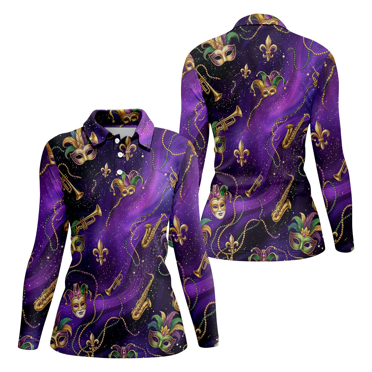 Golden Fleur De Lis Trumpet And Saxophone Mardi Gras Masquerade Mask Purple Golf Shirt, Women's Golf Tops
