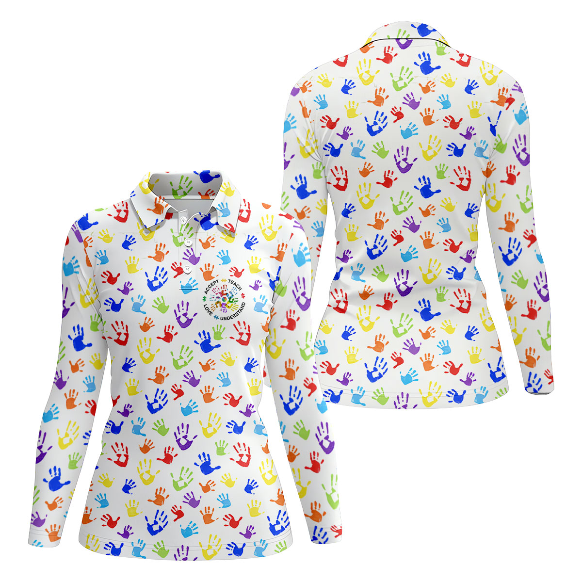 Accept Teach Understand Love Autism Awareness Colorful Handprint White Golf Shirt, Women's Golf Tops