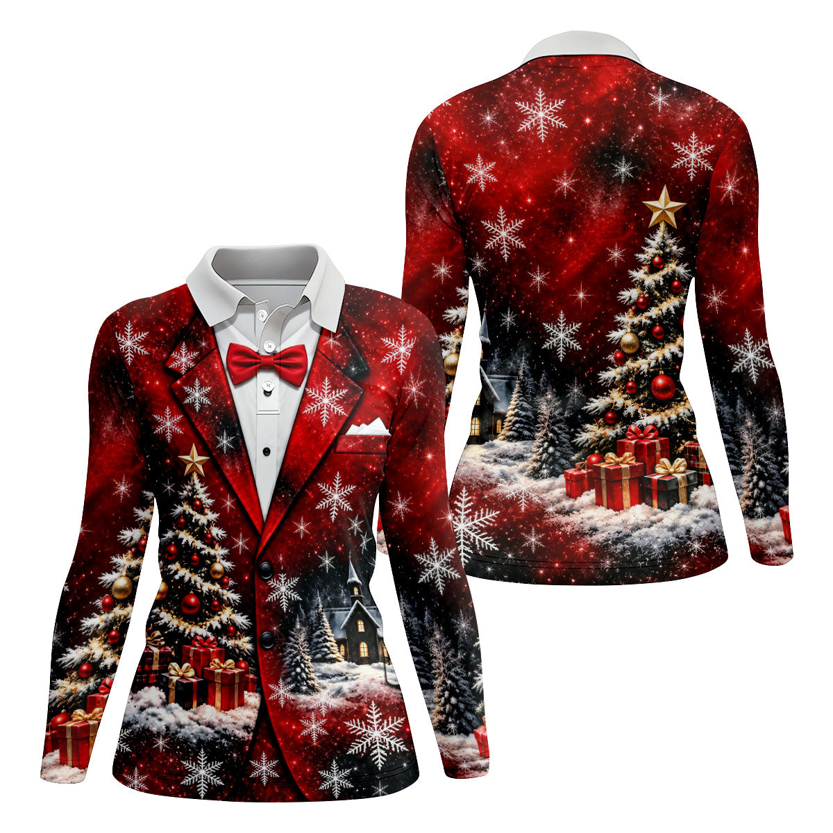 Tuxedo Tree Snowflakes Christmas Golf Shirt, Ladies Golf Shirts, Golf Tops For Women