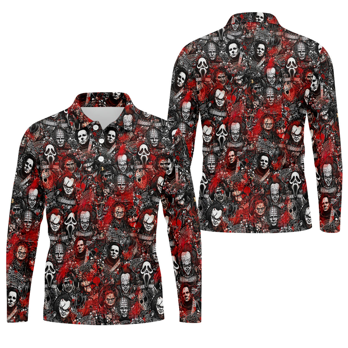 Red Horror Character Collage Halloween Golf Shirt, Men's Golf Shirt, Hawaiian Golf Shirt