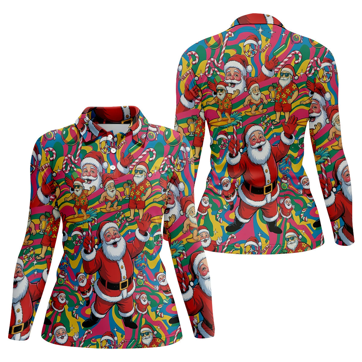 Funny Tropical Santa Christmas Polo Shirt, Womens Golf Polo, Christmas Shirts For Women