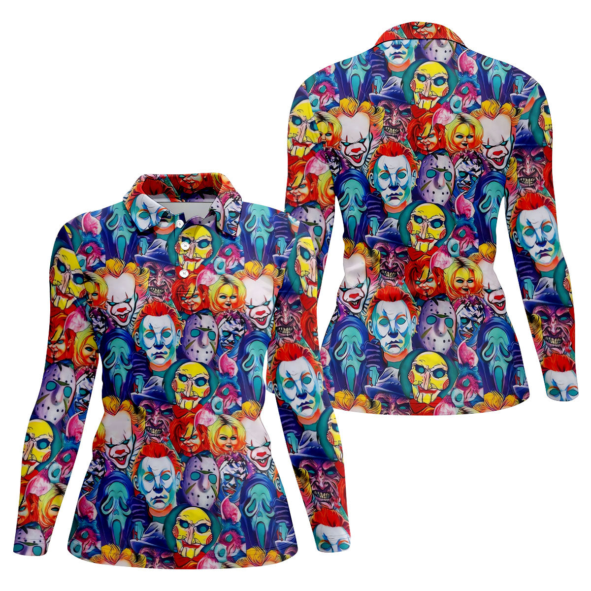 Colorful Horror Character Faces Halloween Polo Shirt, Golf Polo For Women, Ladies Golf Top