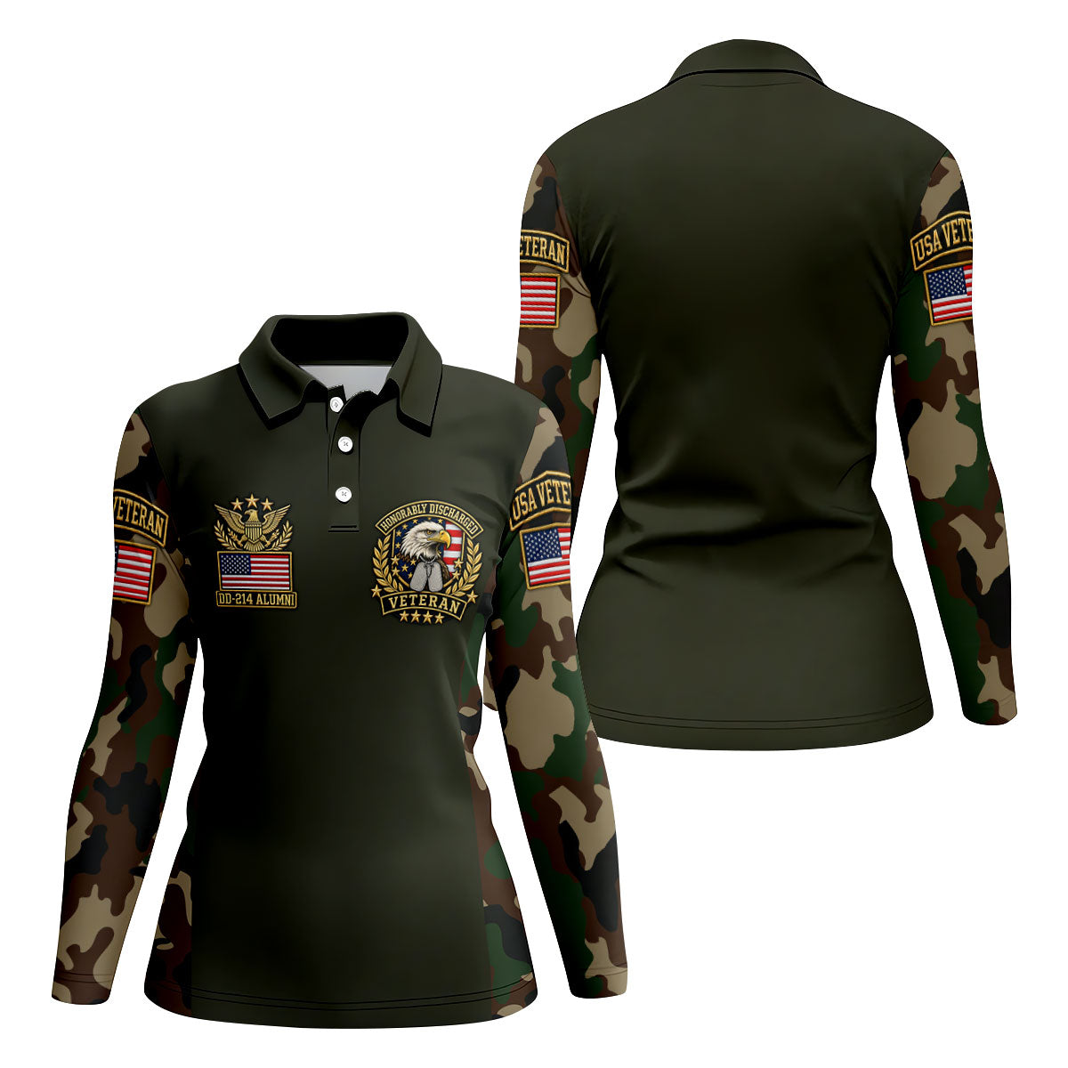 DD-214 Eagle Badge Olive Camo Polo Shirt, Women Golf Tops, Veterans Day Golf Shirt