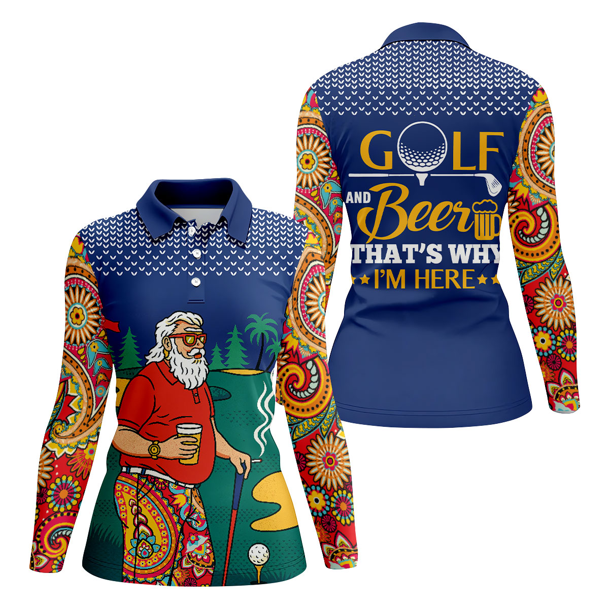 Funny Bearded Golfer With Beer And Paisley Sleeves Golf Polo, Golf Tops For Women, Ladies Golf Top