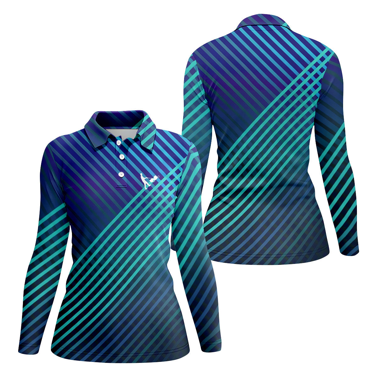 Teal And Purple Striped Pattern Women's Golf Tops, Performance Golf Shirt, Ladies Golf Shirts