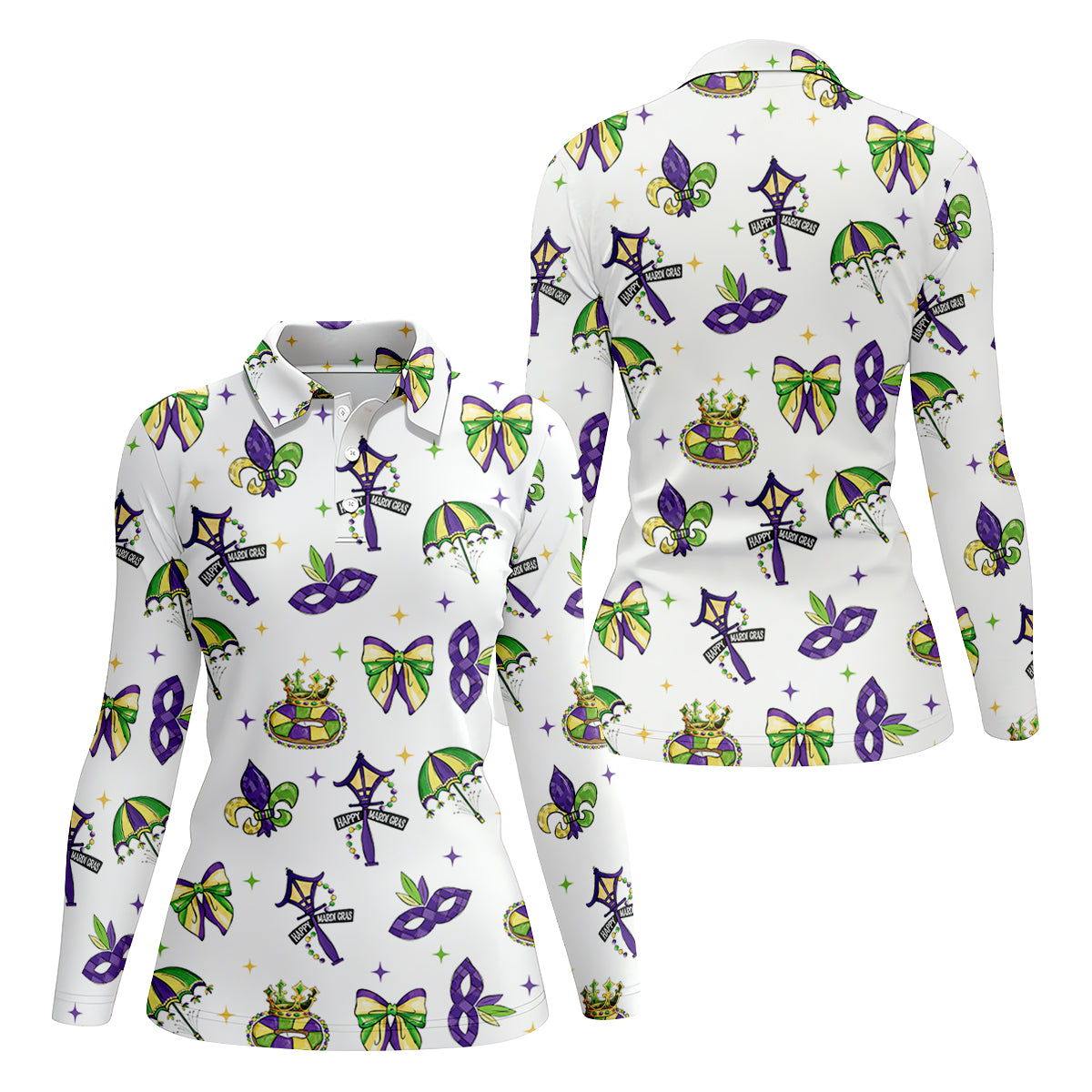 Fleur De Lis Carnival Masks Happy Mardi Gras White Golf Shirt, Golf Shirt For Women, Ladies Golf Polos