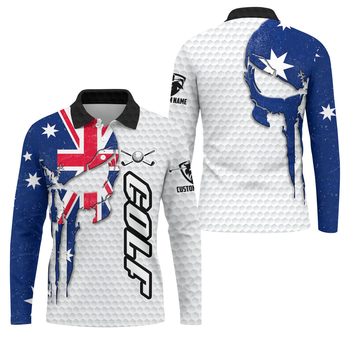 Cool Skull Golf Ball Pattern Australia Flag Print White Golf Shirt, Polo Shirts For Men