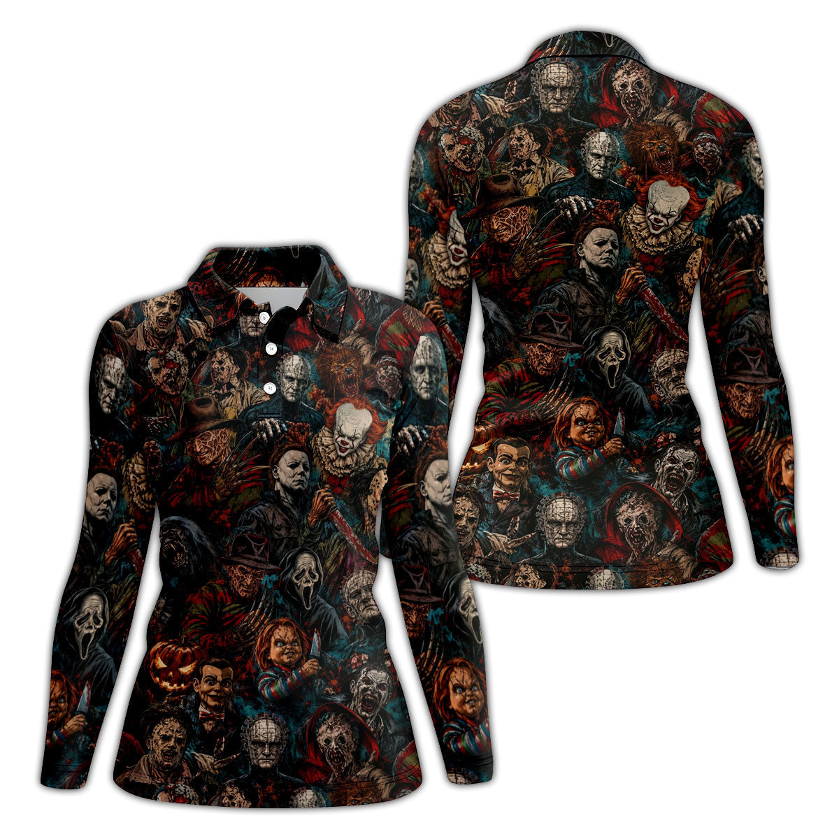 Dark Horror Character Collage Halloween Polo Shirt, Women’s Golf Polo, Ladies Golf Top