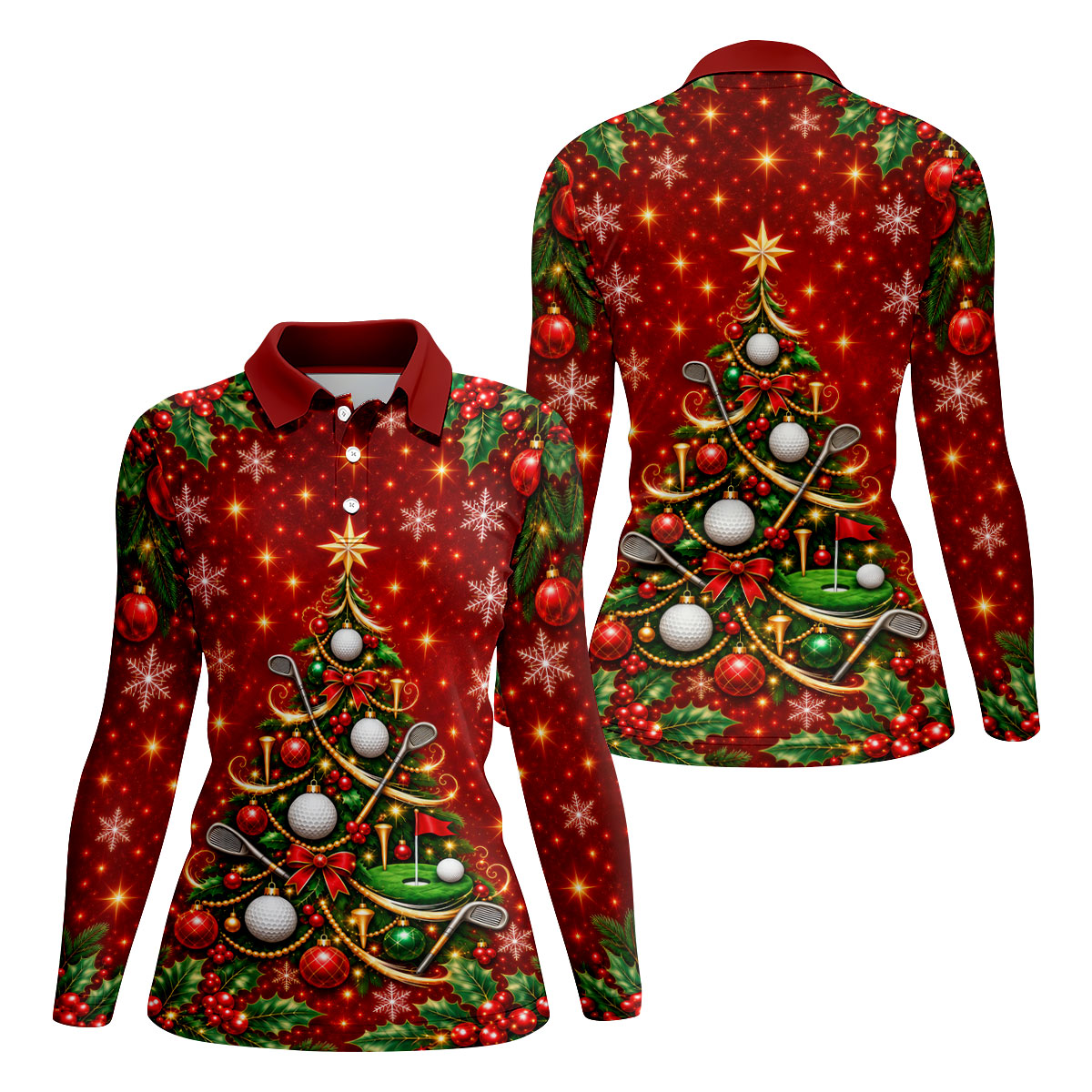 Golf Ball And Club Tree Christmas Golf Shirt, Ladies Golf Shirts, Golf Tops For Women