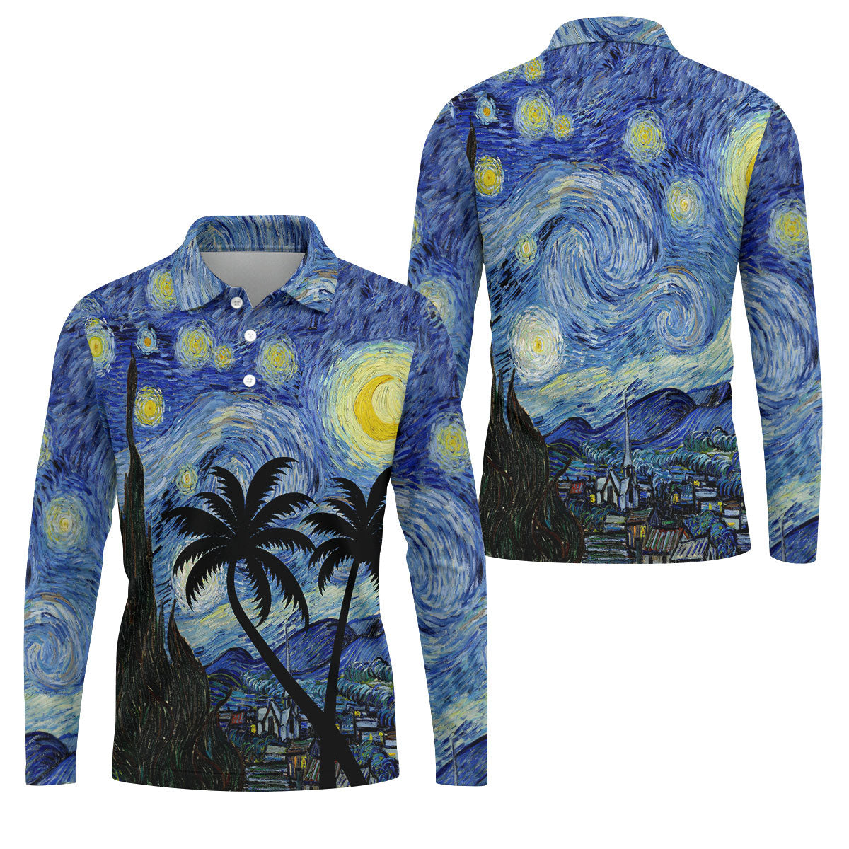 Van Gogh Starry Night Tropical Palm Tree Golf Shirt, Mens Golf Polo, Printed Golf Shirts