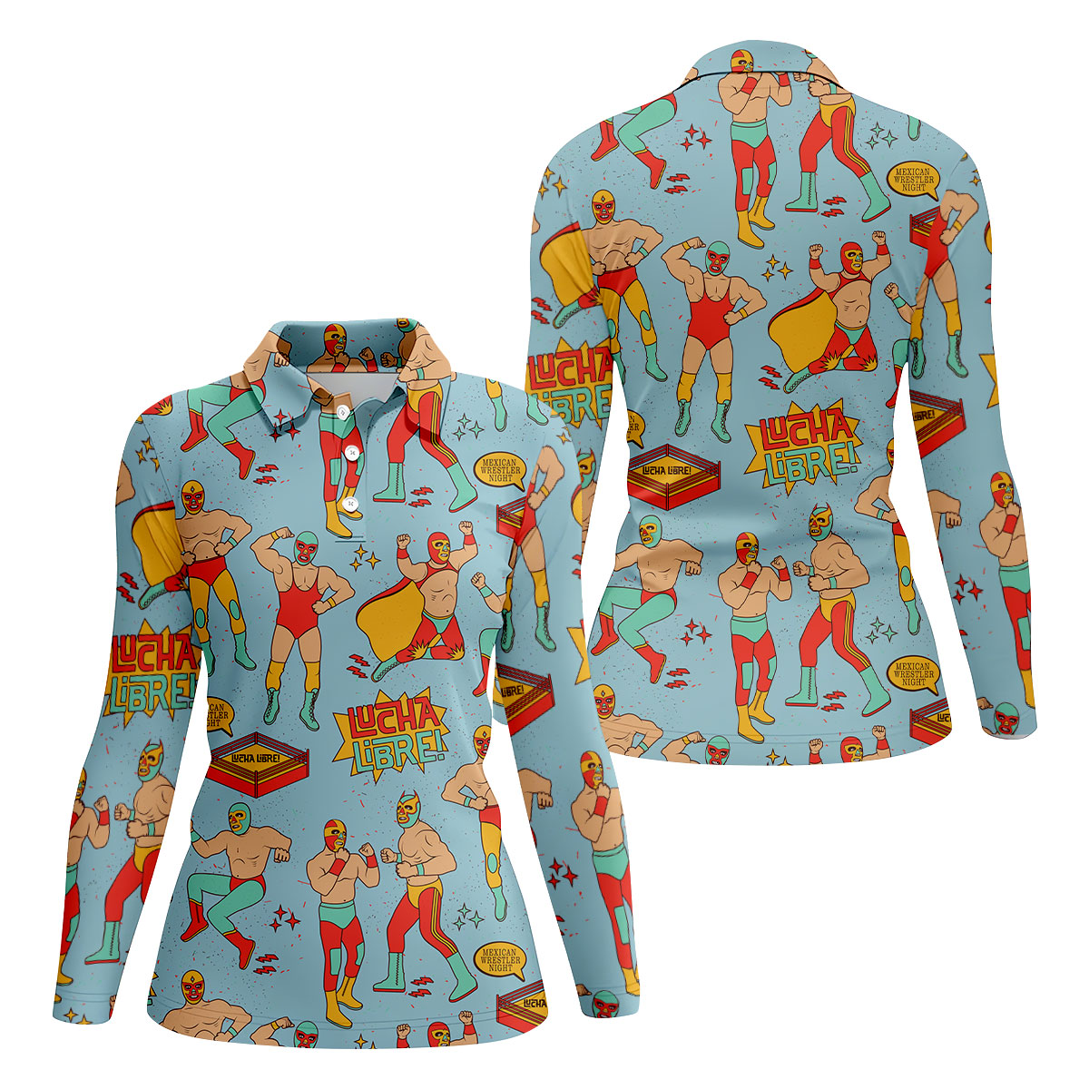 Blue Lucha Libre Mexican Wrestler Pattern Golf Shirt, Golf Tops For Women, Women’s Golf Apparel