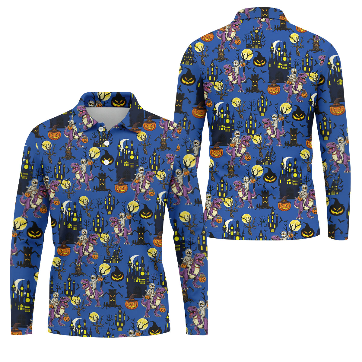 Dinosaur Mummy Pumpkin Halloween Polo Shirt, Mens Golf Shirts, Golf Polo Shirts For Men