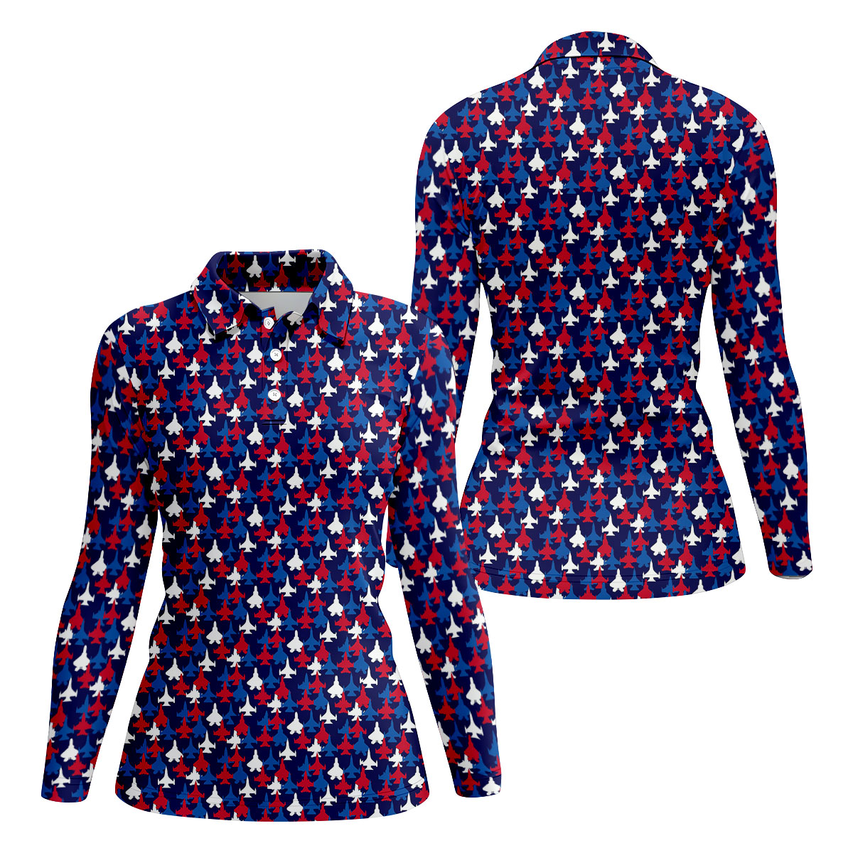 Red And Blue Fighter Jet 4th Of July Women Golf Top, 250th Anniversary Ladies Golf Shirts, Patriotic Golf Shirt