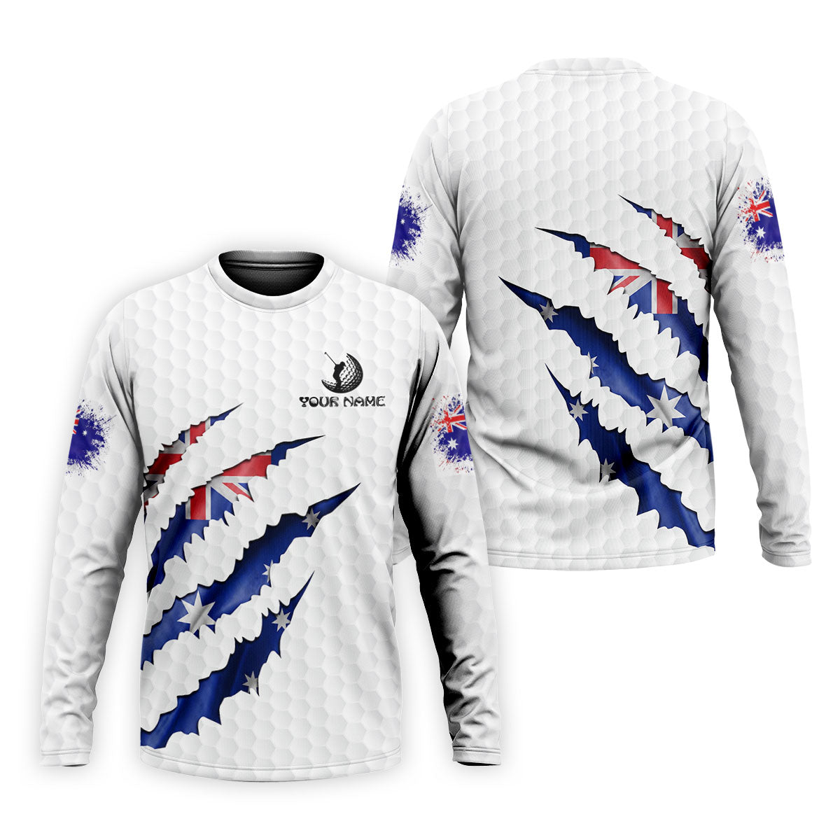 Golf Ball Pattern Australia Flag Print Scratch Effect Men's Golf Top, Golf Shirts For Men
