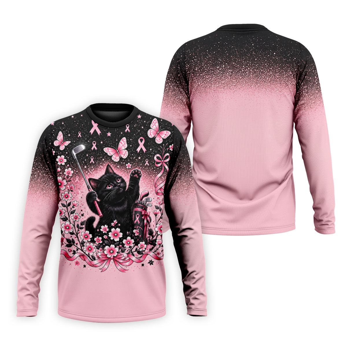 Black Cat Breast Cancer Ribbons Polo Shirt, Mens Golf Polo, Golf Apparel For Men