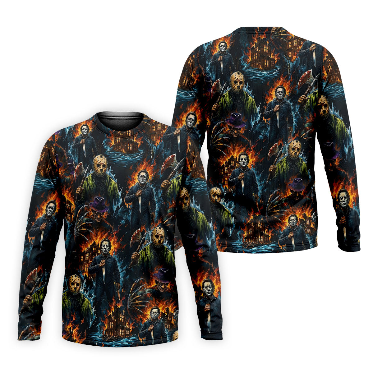 Horror Character Fire Collage Halloween Polo Shirt, Mens Golf Shirts, Mens Polo Shirts