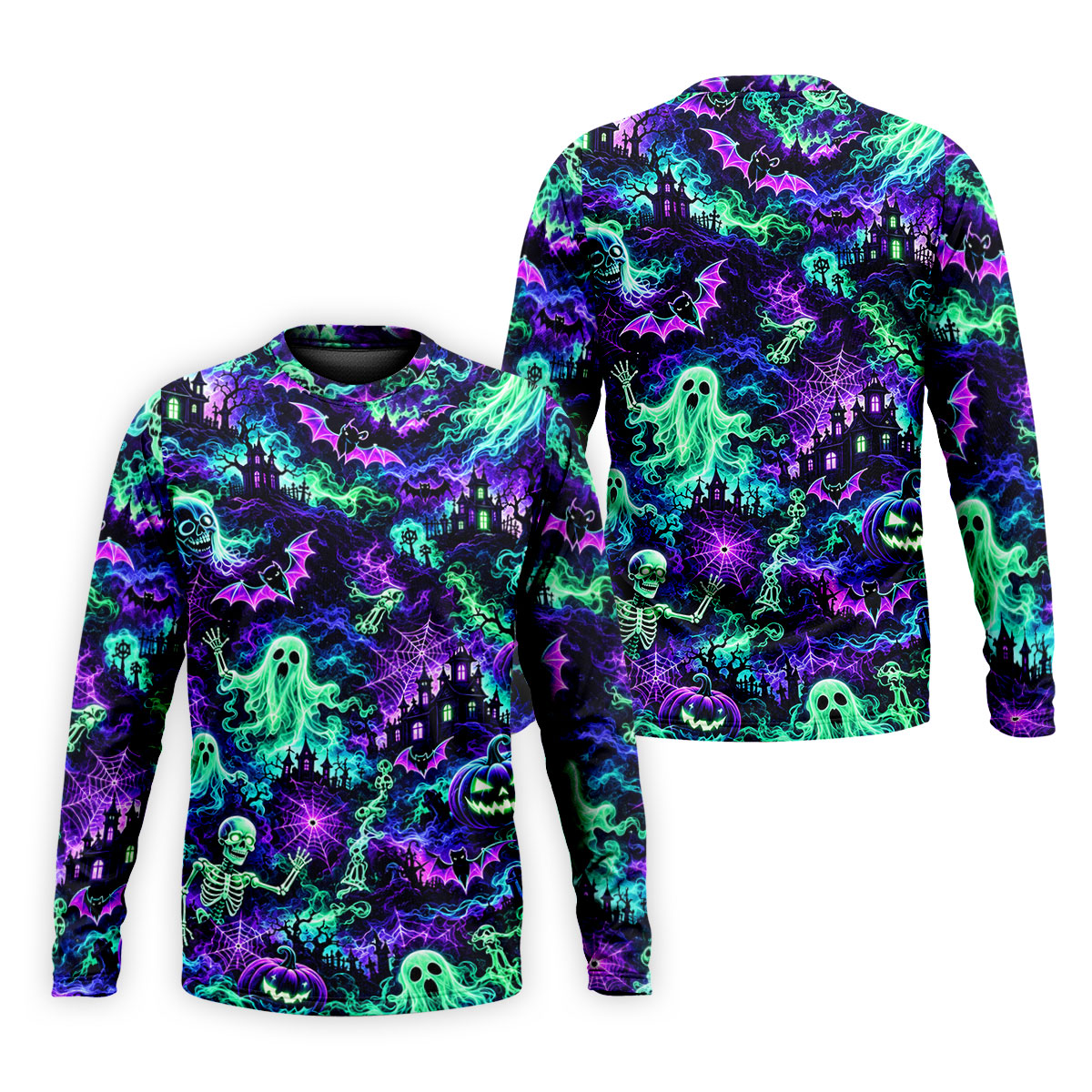 Neon Ghost Skeleton Halloween Horror Character Polo Shirt, Golf Shirt, Mens Golf Polo