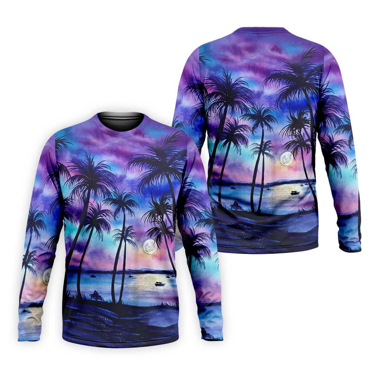 Moonlit Tropical Beach Palm Tree Design Hawaiian Golf Shirt, Golf Shirts For Men, Polo Shirts For Men