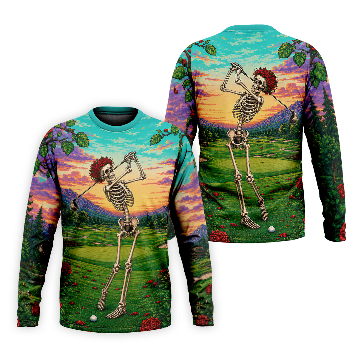 Skeleton Golfer Sunset Golf Course Shirt, Mens Golf Apparel, Halloween Golf Shirt