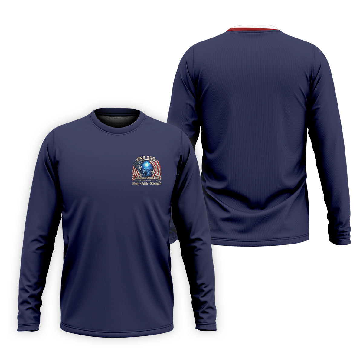 One Nation Under God Faith Cross USA 250 Logo Navy Golf Shirt, 4th Of July Golf Shirts For Men