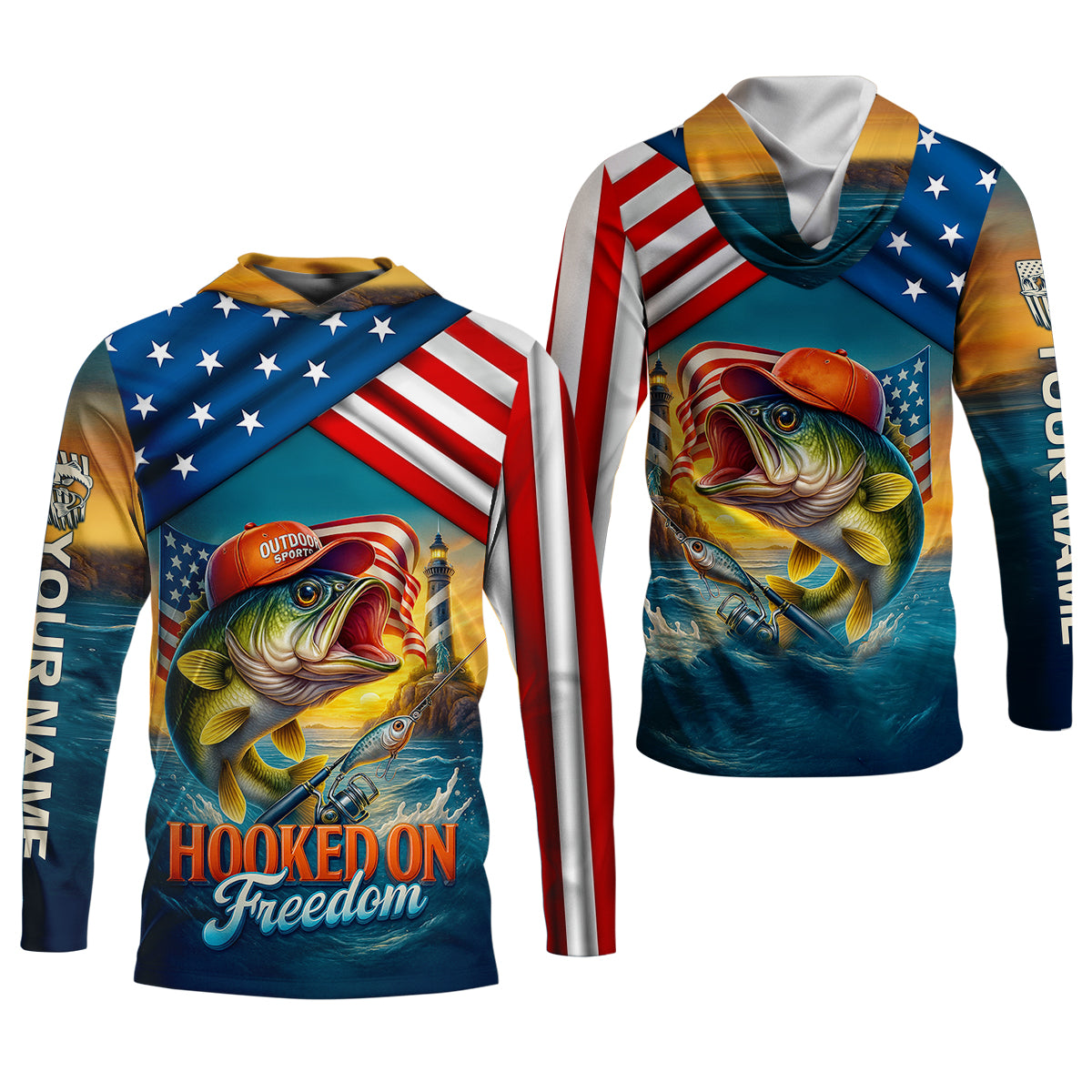 Hooked On Freedom Patriotic Fishing Shirt, Largemouth Bass Fishing SPF Shirt For Men, Men's Fishing Shirt