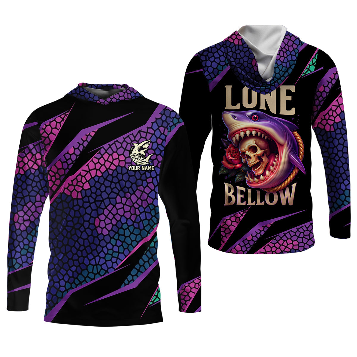 Shark Fishing SPF Shirt, The Lone Below Shark And Skull Purple Fishing Shirt, Female Fishing Shirts