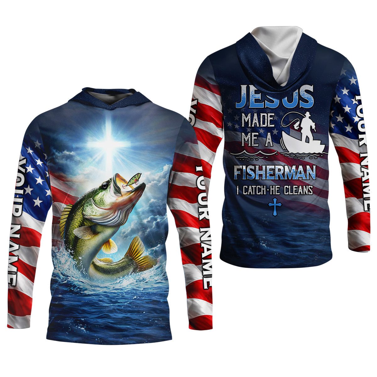 Jesus Made Me A Fisherman Shirt, Patriotic Christian Bass Fishing Shirt For Men, Fishing UPF Shirts
