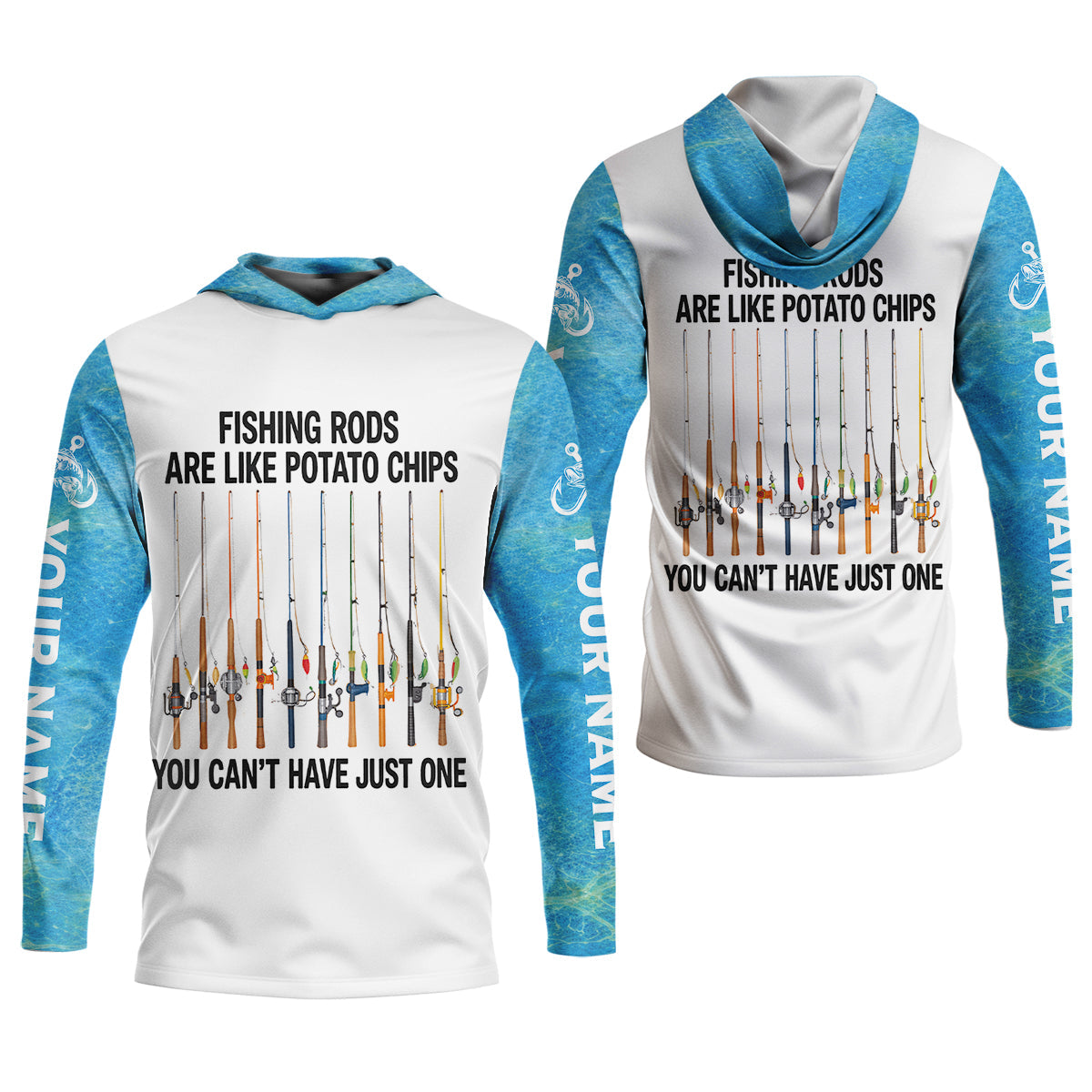 Fishing Rods Are Like Potato Chips Blue And White Funny Fishing Shirt, Fishing UPF Shirts, Fishing Shirts For Men