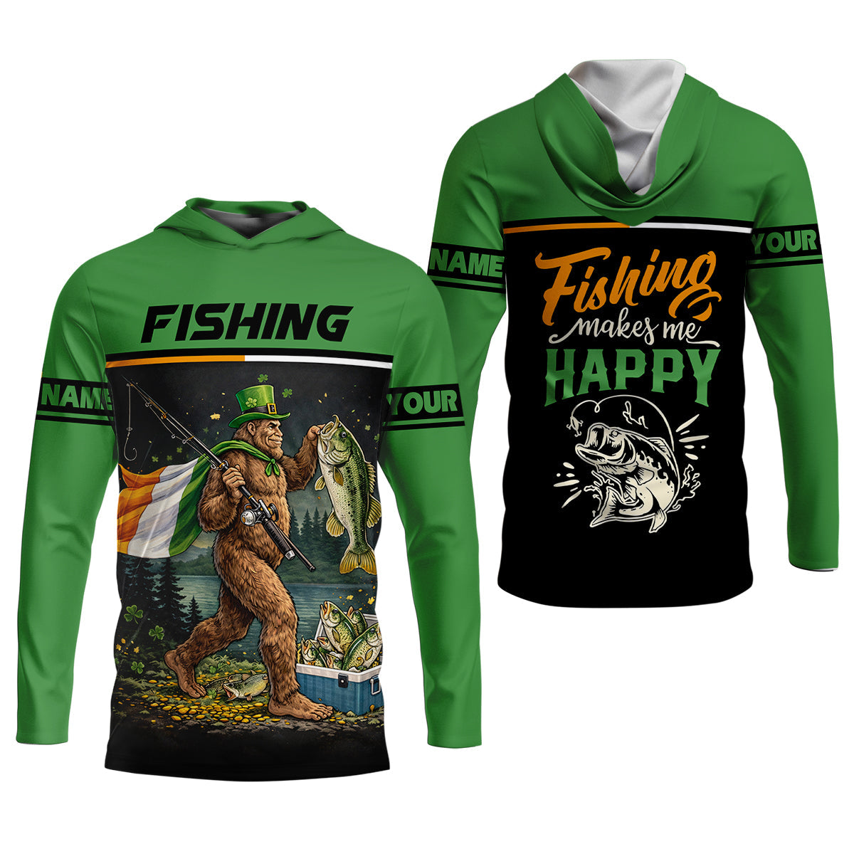 Fishing Makes Me Happy Shirt, Personalized Bigfoot St. Patrick’s Day Fishing Long Sleeve For Men