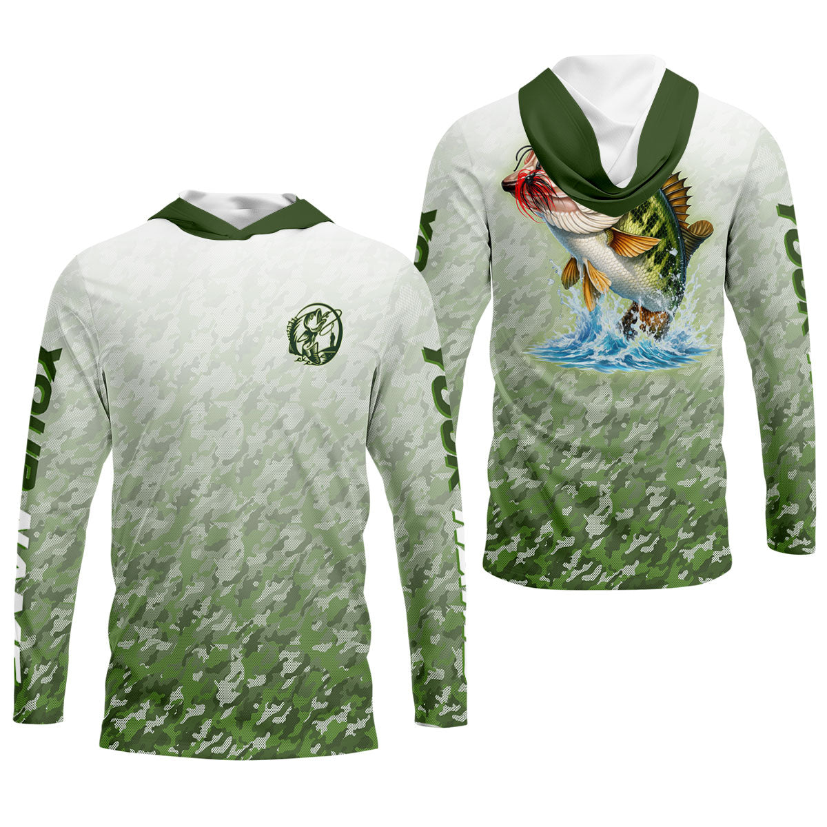 Custom Largemouth Bass Fishing Shirt for Men, Camo Green Angler Shirt, Fishing UPF Shirts