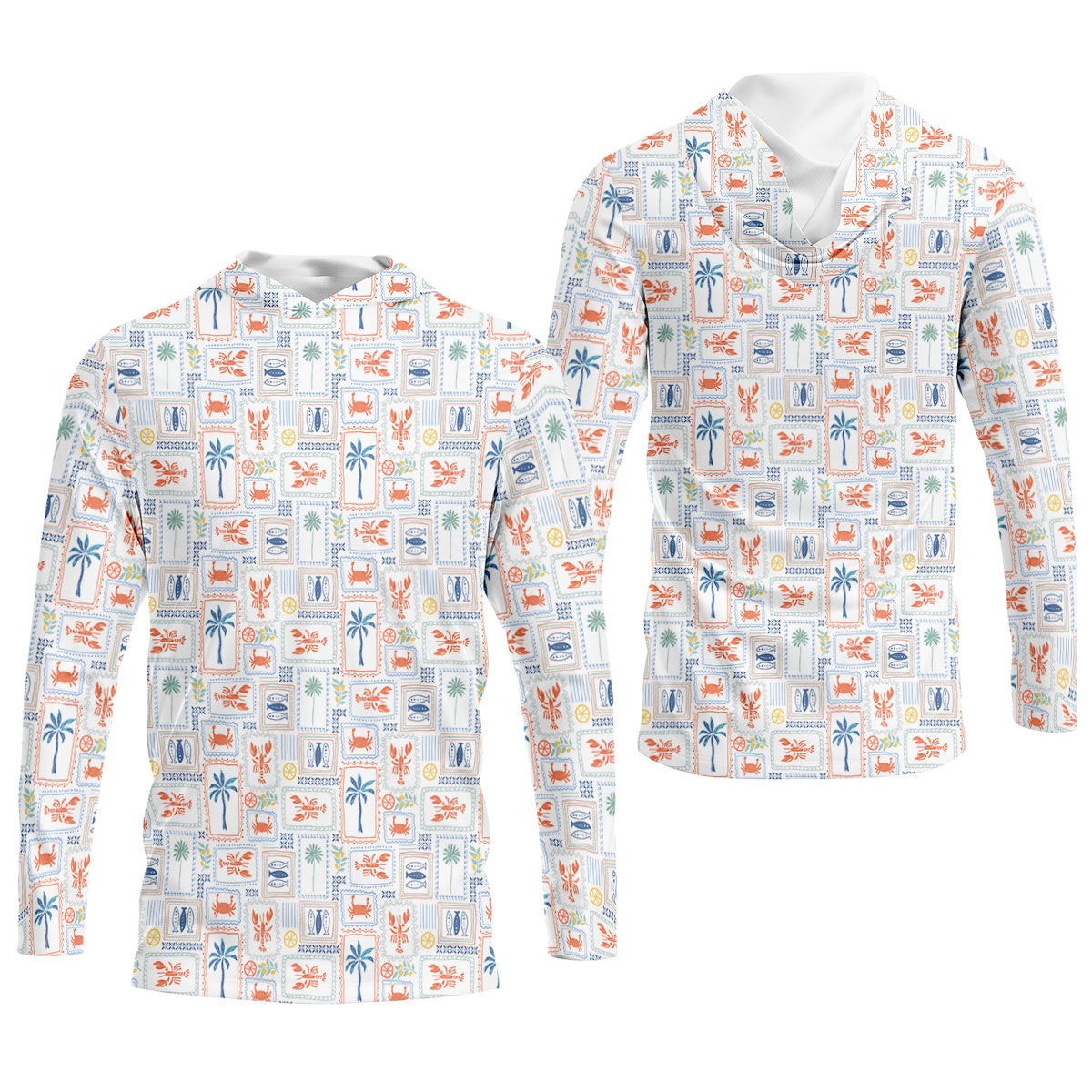 Seafood Patchwork Pattern Tropical Theme Fishing UPF Shirts, Fishing Shirts For Men
