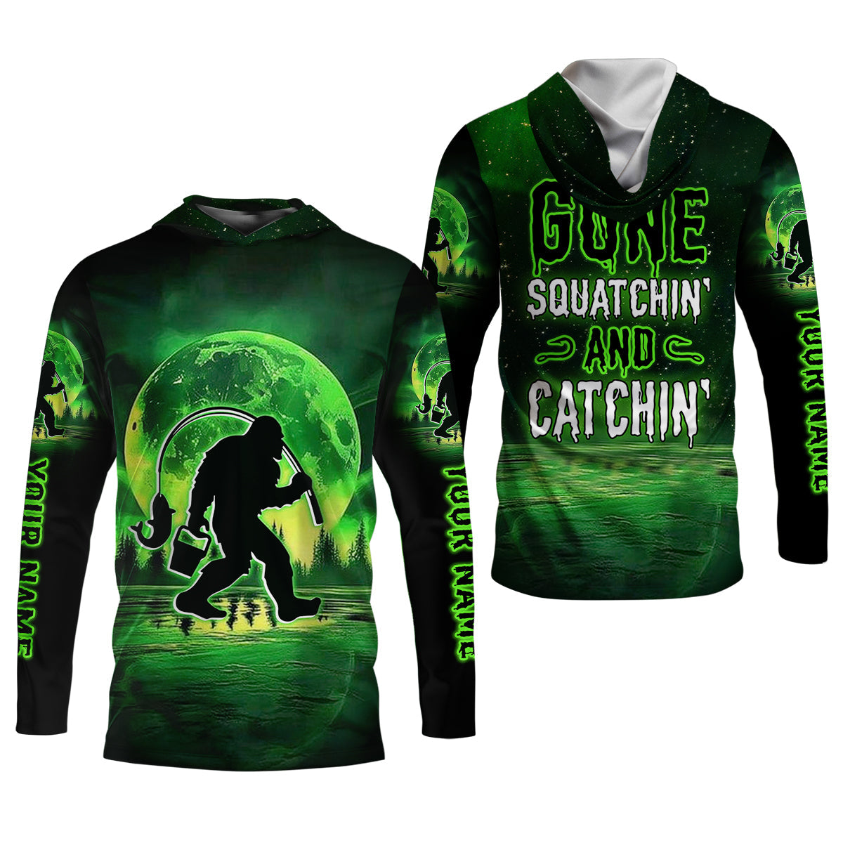 Gone Squatchin And Catchin Bigfoot Neon Green Color Funny Fishing Shirt, SPF Shirt For Men, Presents For Fishermen